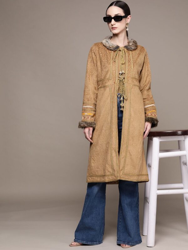 Ritu Kumar Women Suede Fur Trim Longline Tailored Jacket