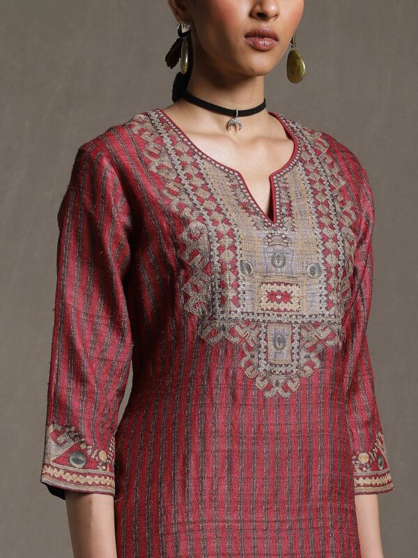 Ritu Kumar Women Striped Printed Regular Pure Silk Kurta with Trousers & With Dupatta - Image 2