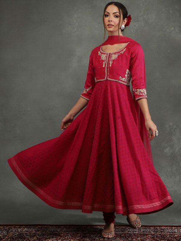 Biba by Rohit Bal Floral Embroidered Beads and Stones Kurta with Churidar & Dupatta