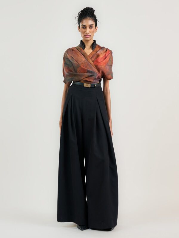 Printed Linen Cuffed Sleeves Wrap Top