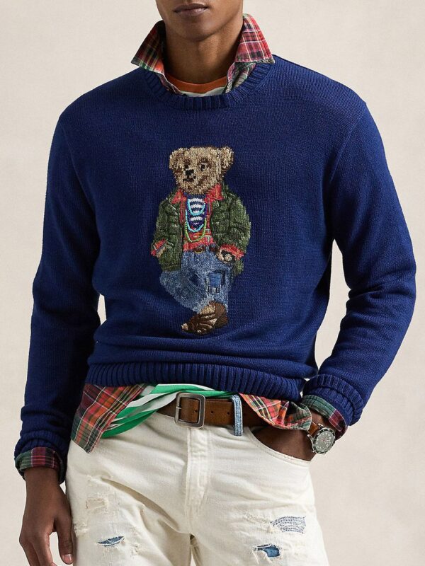Men Polo Bear Printed Pure Cotton Sweater