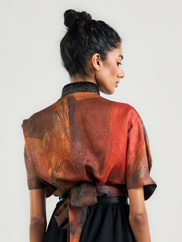 Printed Linen Cuffed Sleeves Wrap Top - Image 4