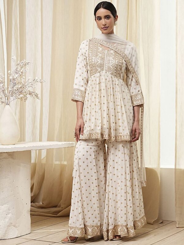 Biba Floral Embroidered Pleated V-Neck Zari Work A-Line Kurti With Sharara & Dupatta