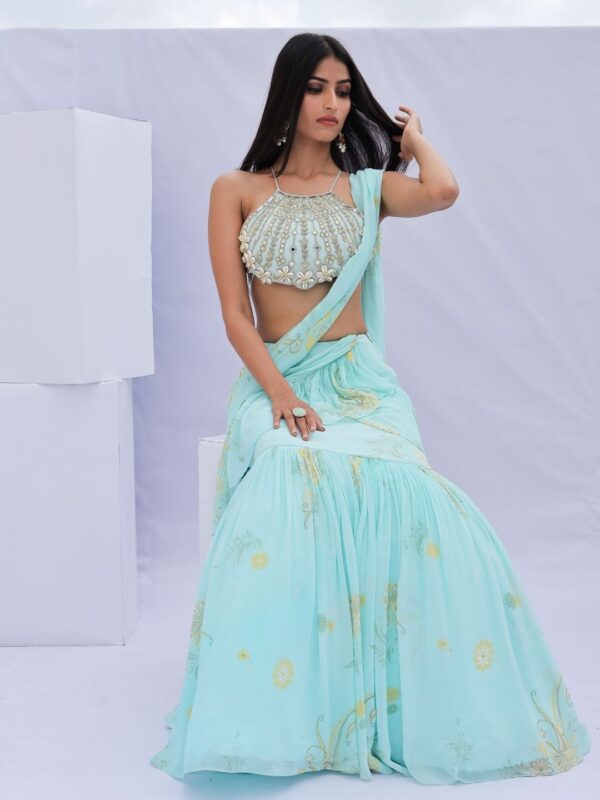 Foram Patel Foram patel Blue Pre-Draped Ruffle Paisely Print Saree Set