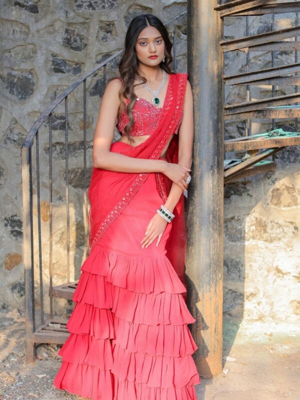 Foram Patel Foram patel Red Mirror Embroidered Ruffle Saree Set - Image 2