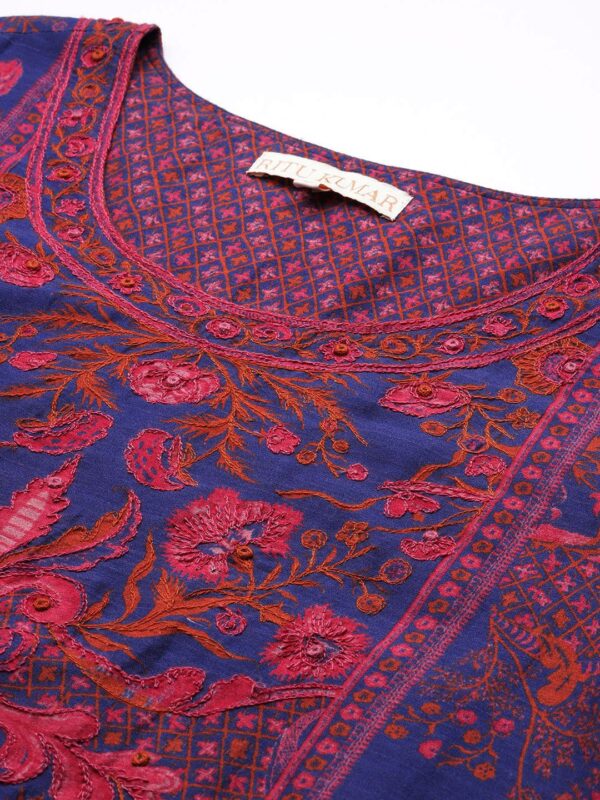 Ritu Kumar Floral Printed Thread Work Kurta with Trousers & With Dupatta - Image 2