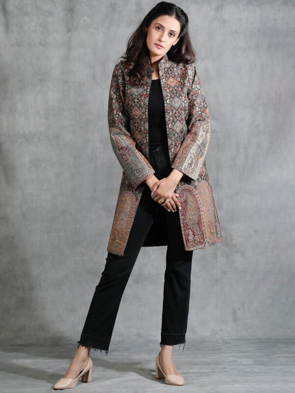 DUSALA INDIA Women Floral Woollen Longline Tailored Jacket with Embroidered