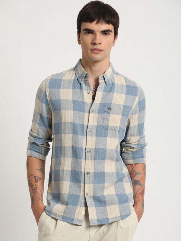 Men Windowpane Checked Slim Fit Cotton Linen Shirt
