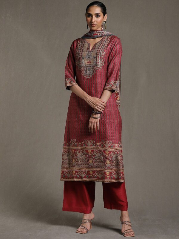 Ritu Kumar Women Striped Printed Regular Pure Silk Kurta with Trousers & With Dupatta