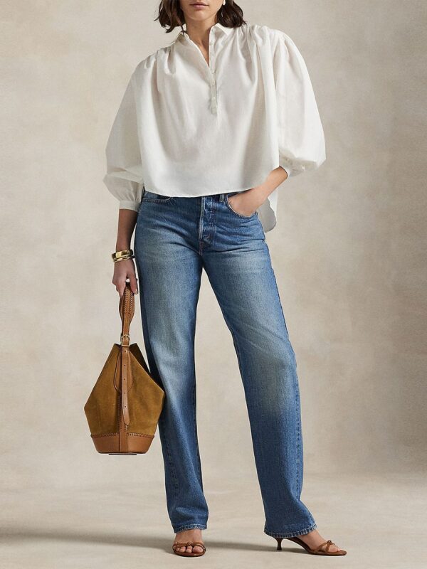 Women Cotton Pleated Shirt Collar Blouson Top