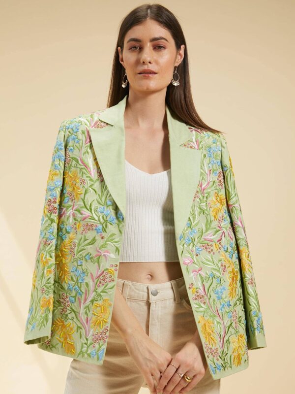 BETRUE Women Floral Embroidered Lapel Jacket Linen Longline Tailored Jacket