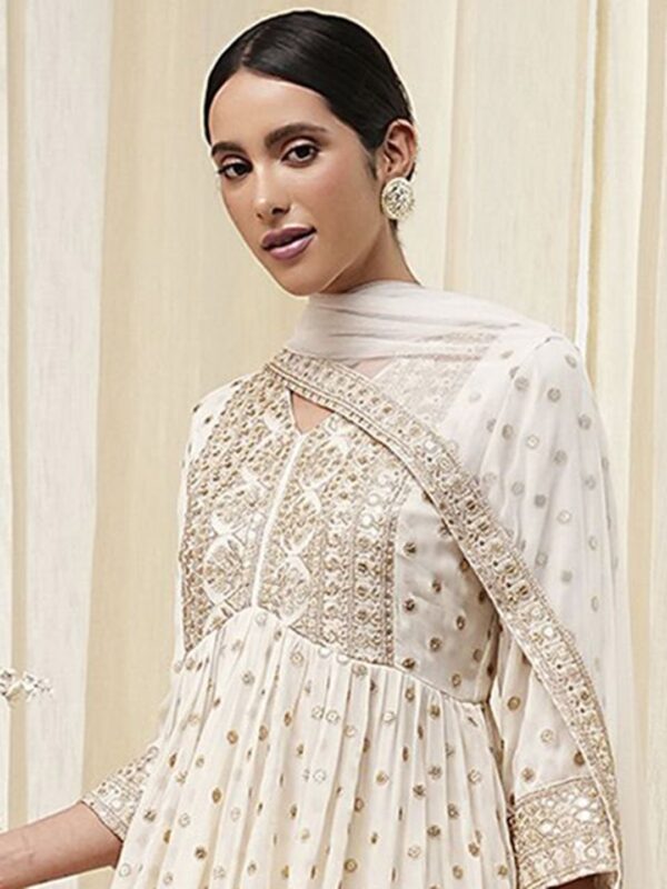 Biba Floral Embroidered Pleated V-Neck Zari Work A-Line Kurti With Sharara & Dupatta - Image 2